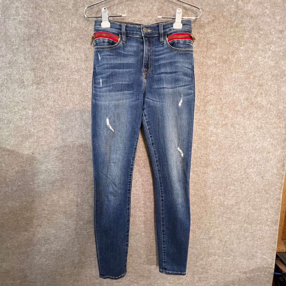 Etienne Marcel Skinny Jeans Womens 25 Blue Denim Distressed Red Zipper Moto